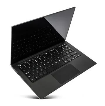 Hovering black laptop with black screen Stock Photos