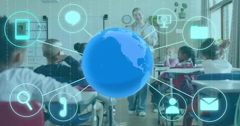 Hovering blue 3D globe over elementary class, linking icons as teacher in blouse Stock Photos