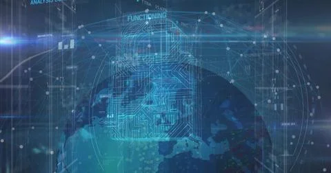 Hovering blue circuit padlock icon emitting rings over globe in security UI,  Stock Illustration