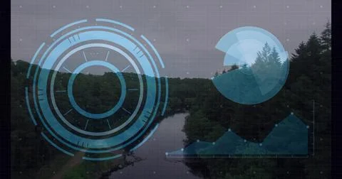 Hovering blue HUD reticle left-center overlaying river valley, showing stream, Stock Photos