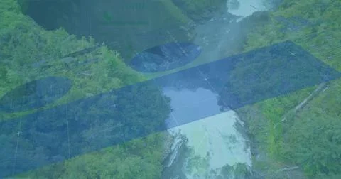 Hovering blue prism overlay mapping aerial forested canyon, showing winding Stock Illustration