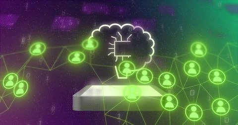 Hovering brain cloud displaying microchip above rectangular platform in data Stockillustratie