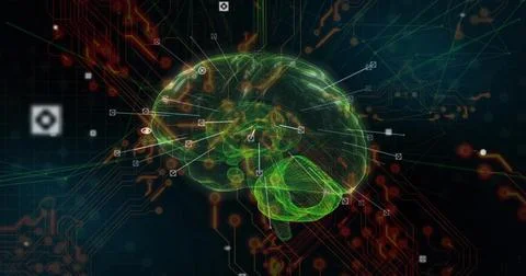 Hovering brain hologram glowing against navy cyberspace backdrop, with circuit Stock Illustration