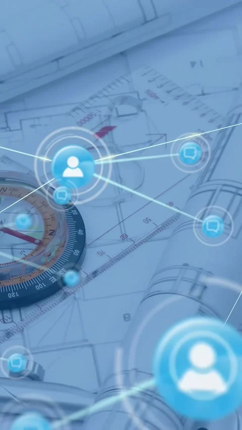 Hovering central blue user-node icon expanding network over drafting desk with 스톡 동영상 331166877