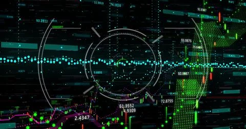 Hovering central circular HUD overlay above trading interface, with bar charts Stock Photos