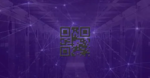 Hovering central embossed QR code floating above datacenter aisle, with racks, 스톡 사진