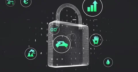 Hovering central wireframe padlock connecting icons in virtual UI, with electric Stock Photos