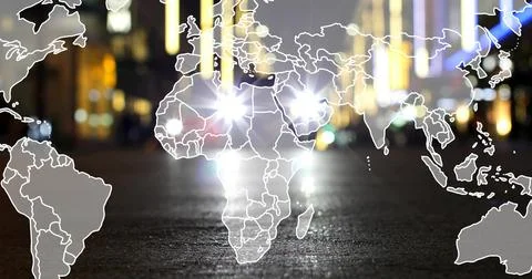 Hovering central world map overlay across headlights, reflecting on wet street 스톡 사진