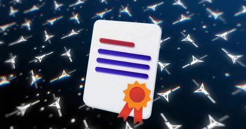 Hovering certificate displaying red stripe, purple lines, orange seal  and  w Illustrazione stock