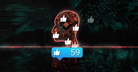 Hovering circuit board head above reflective surface displaying blue bubble Stock Illustration