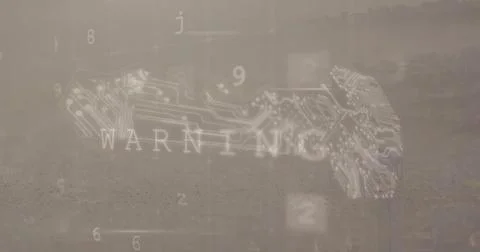 Hovering circuit board pattern warning graphic over dusty terrain, with floating Stock Photos