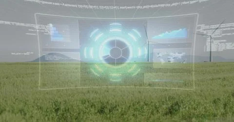Hovering clear HUD showing concentric cyan rings, data panels over grass with Stock Photos