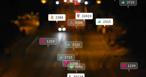 Hovering cluster of heart, like, bell, user, pin social badges above night city Stock Photos