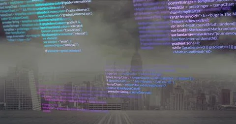 Hovering code snippets in blue and purple above rooftop wooden deck, with Stock Photos