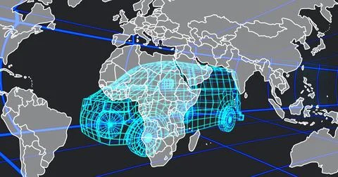 Hovering cyan-blue wireframe SUV model above virtual grid plane, with world map 스톡 사진