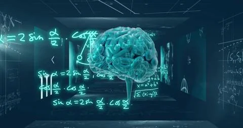 Hovering cyan glowing human brain hologram projecting neon equations in dark Stock Illustration