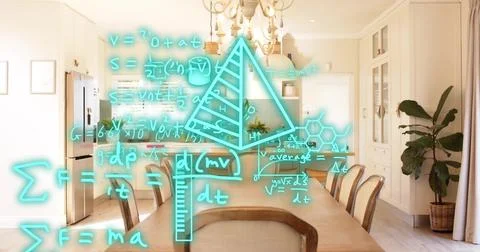 Hovering cyan hologram projecting math diagrams above long wooden dining table, Stockfoto's