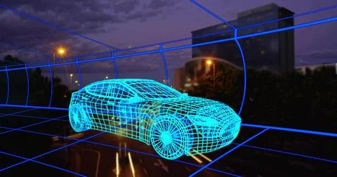 Hovering cyan wireframe car model floating above multi-lane road at night, Stock Photos