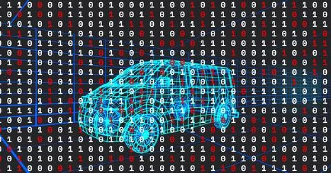 Hovering cyan wireframe SUV-style vehicle drifting through virtual data matrix, Illustrazione stock