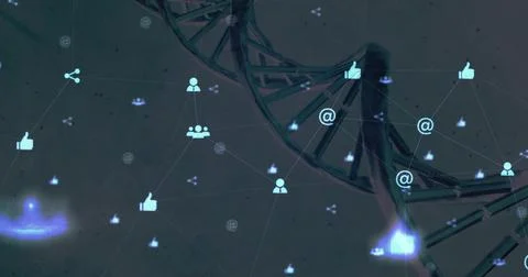 Hovering dark silhouette interacting with DNA double helix in virtual network, 스톡 일러스트