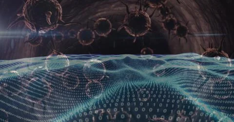 Hovering dark spiky spheres drifting above binary code mesh in 3D tunnel, 스톡 일러스트