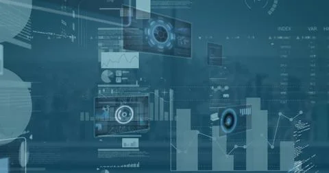 Hovering data interface overlaying skyline view with panels showing charts, Stock Photos