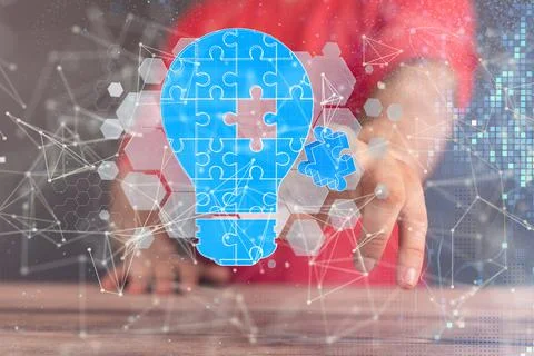Hovering digital bulb puzzle with connected dots. Logic, creativity, Stock Photos