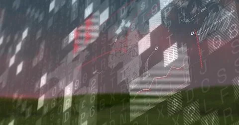 Hovering digital data visualization streaming over grassy horizon at dusk, with 스톡 사진