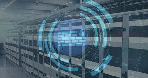 Hovering digital firewall icon showing circular UI elements in data center Stock Photos