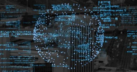 Hovering digital globe network spanning aerial urban center, displaying cyan  Stock Photos