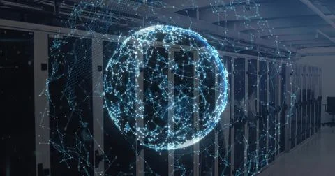 Hovering digital globe projecting network map at data center, with server racks Stock Photos