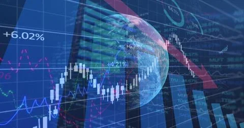 Hovering digital globe showing global markets over city skyline with candlestick Ilustração Stock