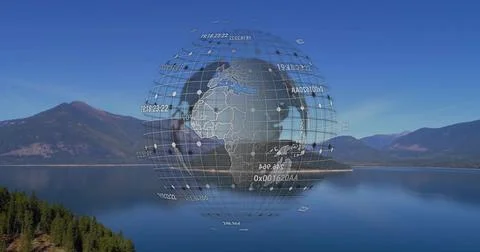 Hovering digital globe wireframe floating above lake in mountain valley, with Stock Photos