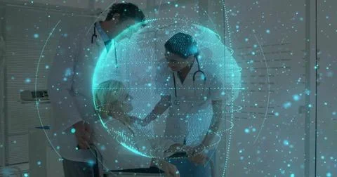 Hovering digital holographic globe projecting patient data in consultation room, Stock Photos