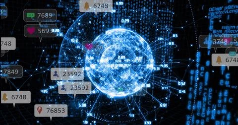 Hovering digital network globe linking nodes in cyberspace, with binary code  Stock Photos