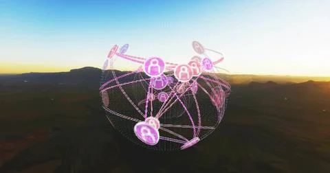 Hovering digital network sphere glowing above desert terrain, with lines, dat Stock Photos
