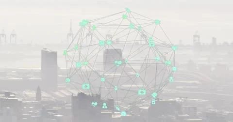 Hovering digital network sphere mapping interconnected lines and glowing icons Stock Photos