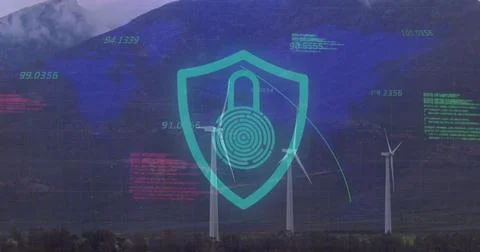 Hovering digital shield over wind farm, highlighting turbines and padlock Stock Photos