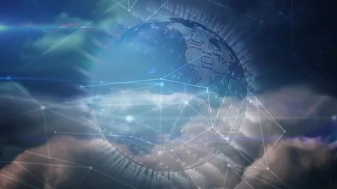 Hovering digital sphere rotating above clouds showing binary streams Stock Footage 320068878