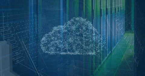 Hovering dotted cloud linking nodes above data center aisle, with server racks Stock Photos
