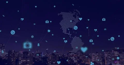 Hovering dotted digital map of North America projecting heart and medical icons Illustrazione stock