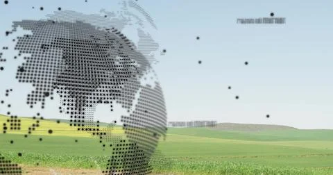 Hovering dotted globe overlaying green farmland foreground, with barcode strips Stock Photos