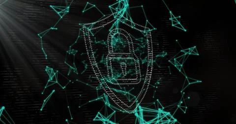 Hovering dotted shield shape inside digital realm, with padlock icon and network Foto stock