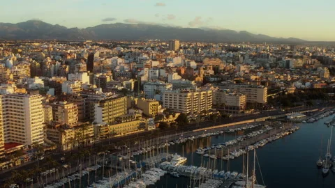 Hovering Drone Surveys Palma Coast and City Stock Footage 345167916