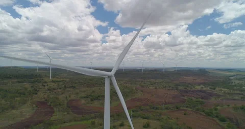 Hovering drone view of  Wind Turbines at wind farm, QLD, Australia Stock Footage 297593381