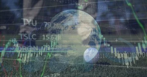Hovering Earth globe merging with floating candlestick charts over golf turf, 스톡 사진