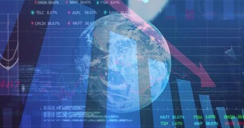 Hovering Earth globe over financial dashboard, with red arrow, charts, code Illustrazione stock