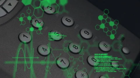 Hovering finger activating green code overlay pressing keys 4, 7, 8 visualizing Stock Footage 312904665