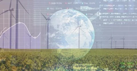 Hovering globe above crop field with turbines, featuring overlays: line graph, Stock Photos