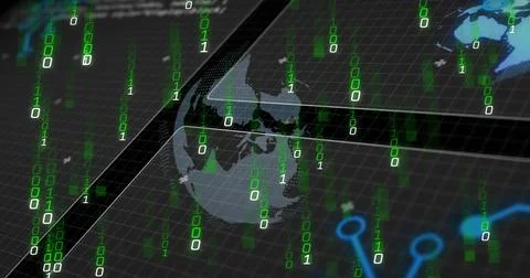 Hovering globe above grid in cyber network, with green binary digits, blue lines イラスト素材